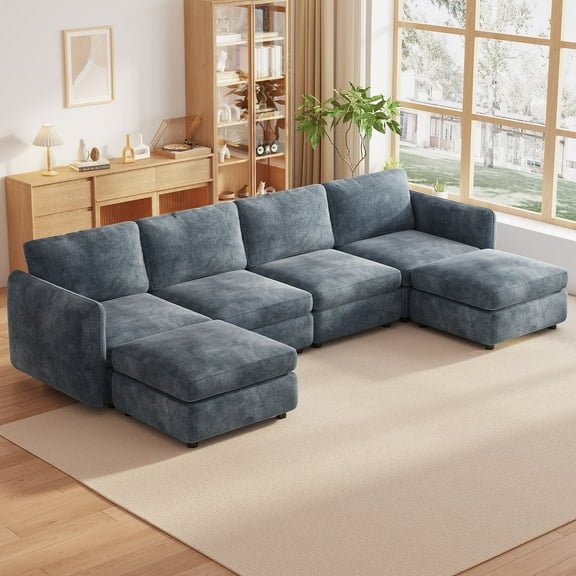 Guyii 120.07" U Shaped Oversized Sectional Sofa, 6 Seat Convertible Modular Sofa with 2 Storage Ottomans, Deep Seat Sofa Couch for Living Room, Bedroom, Apartment, Blue