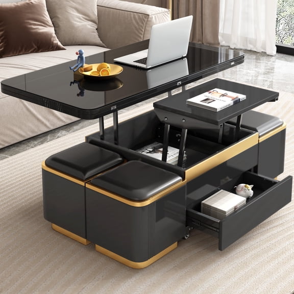 Guyii 3 in 1 Multi-Functional Lift-Top Coffee Table with 4 Stools, Coffee Table with Hidden Storage Compartment for Living Room, Apartment, Black