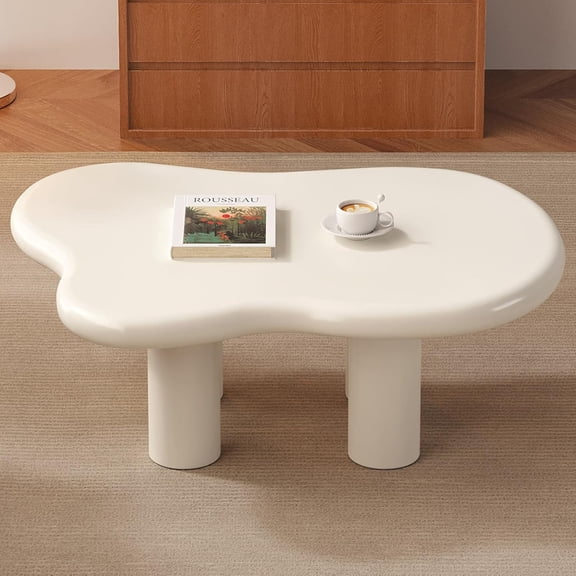 Guyii 35.43" Cream White Coffee Table with 4 Legs Cloud Side Table Irregular Sofa End Table Lovely Tea Table for Living Room Apartment Office