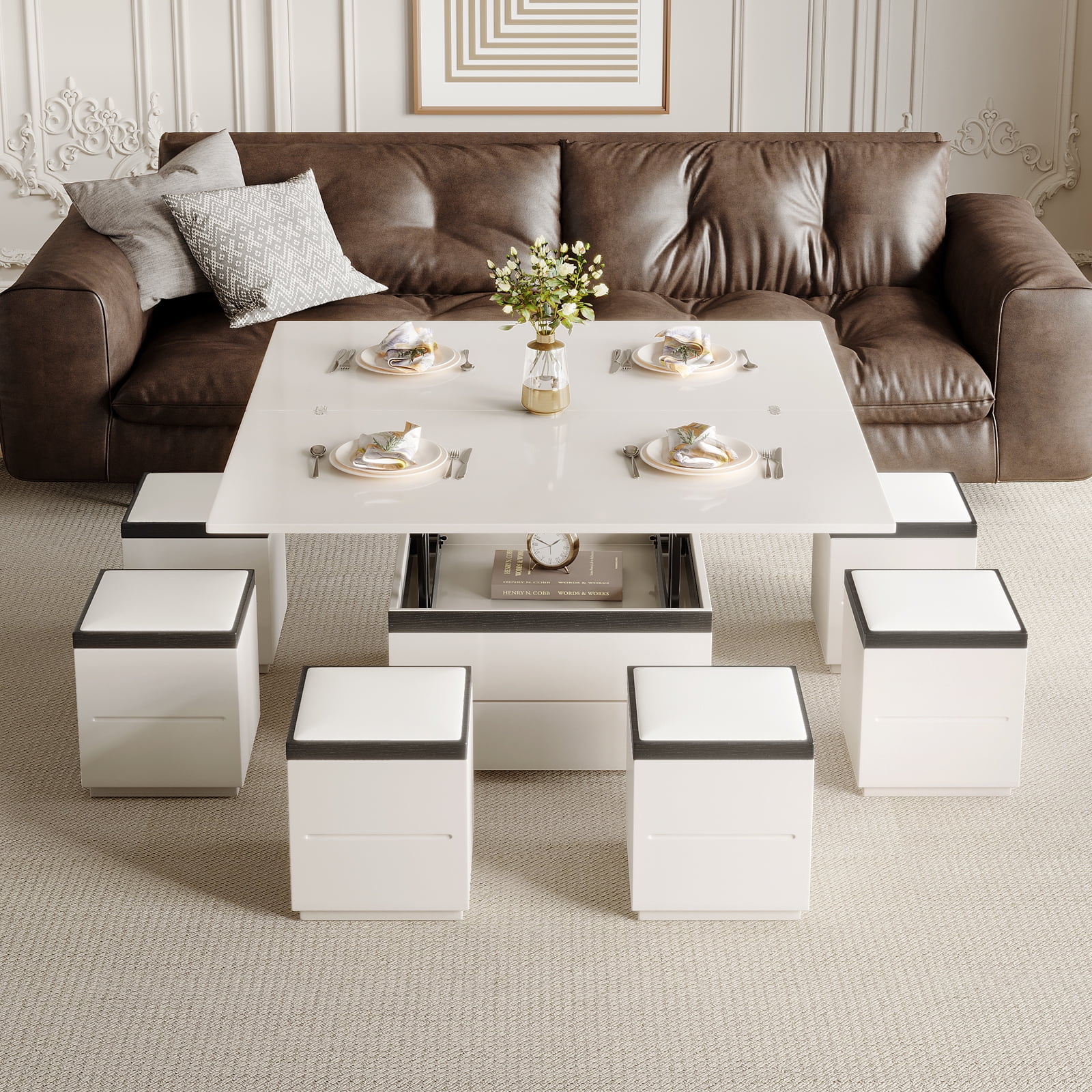 Guyii 47" Lift Top Coffee Table with 4 Stools, White Coffee Table