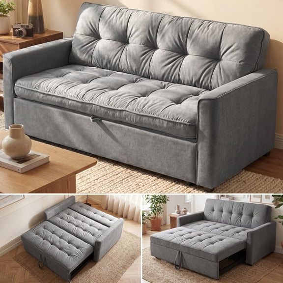 Guyii 55.11" 3-in-1 Convertible Sleeper Sofa Bed, Grey | Pull-Out Full-Size Bed, Reclining Mode, Polyester Plush Fabric, 330 lbs Capacity, Built-In Casters