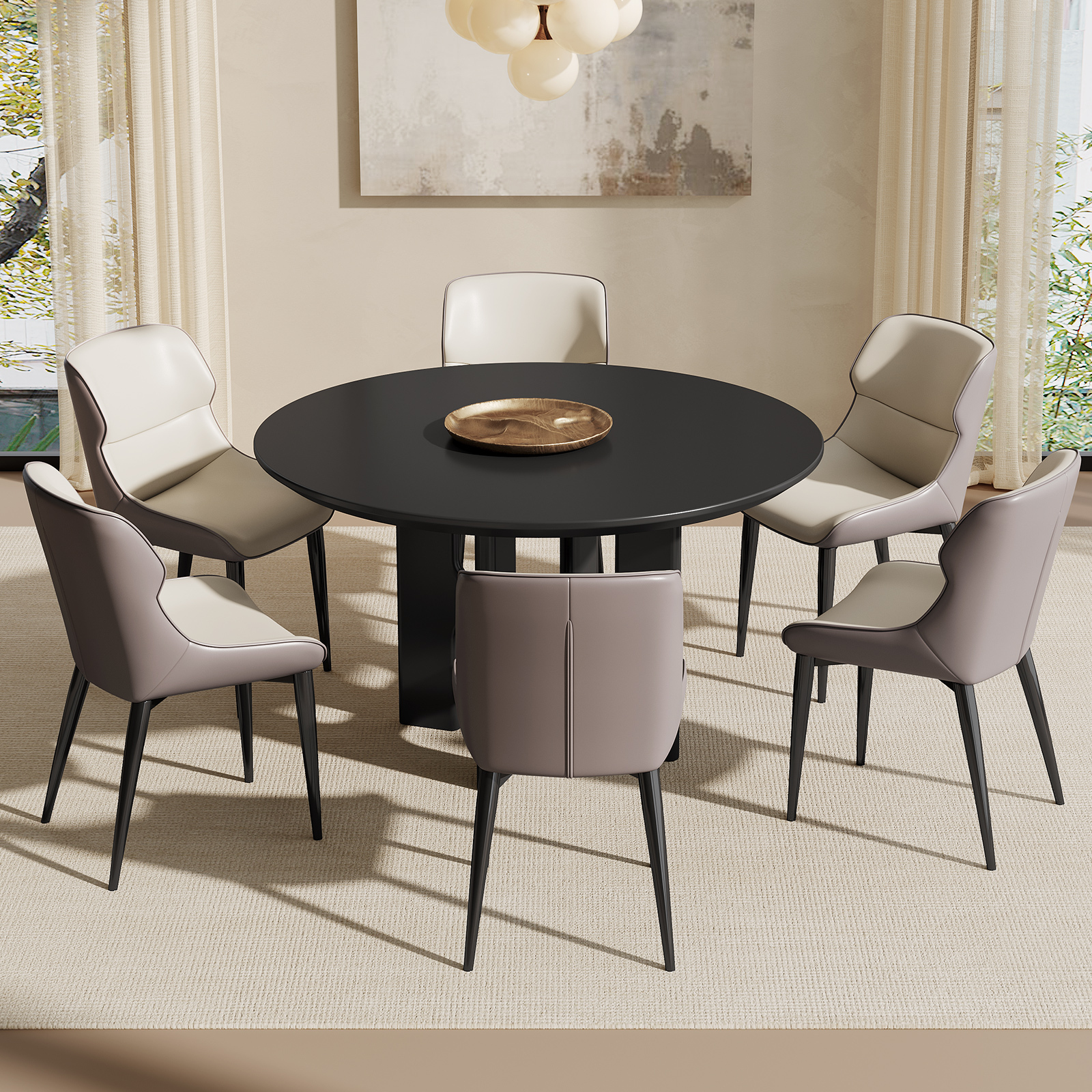 Guyii 7 Piece Black Dining Table Set, 45.27'' Round Kitchen Table with