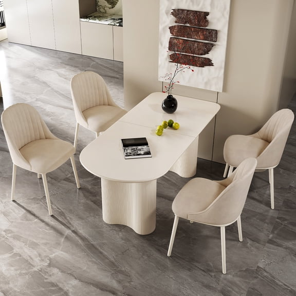 Guyii 70'' Oval Dining Table Set of 5, Kitchen Table Set with 4 Dining Chairs, 5 Piece Indoor Dining Table for Kitchen, Living Room, Cream White
