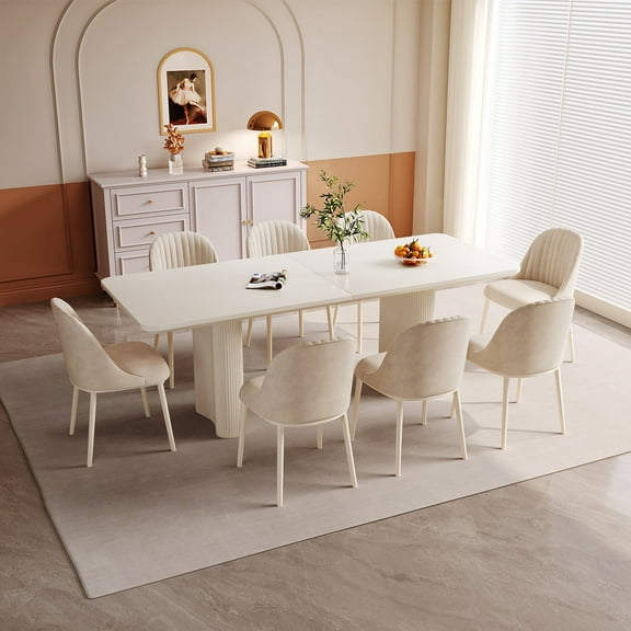 Guyii 78.97" Dining Table Set of 9, Modern White Rectangular Dining Table with 8 Chairs for Dining Room, Kitchen