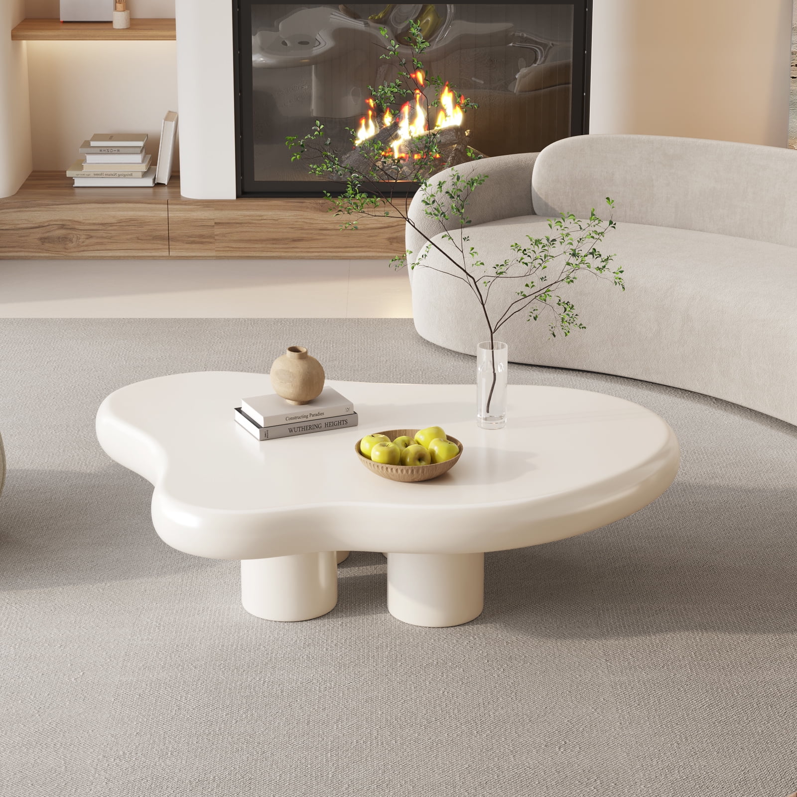 Guyii 41.02'' Cloud-Shaped Coffee Table with 4 Legs, Modern Wood Coffee Table for Living Room, Apartment, Cream White