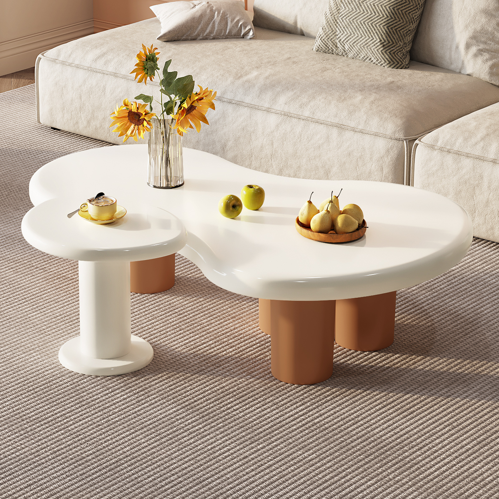Guyii CloudShaped Coffee Table, Cream White Coffee Table Set of 2