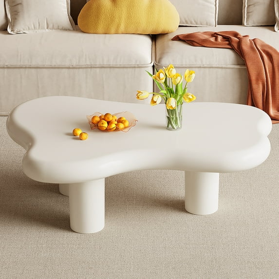 Guyii Cloud-Shaped Coffee Table, Cream White Modern Coffee Table with 3 Legs, Living Room, Office, Apartment