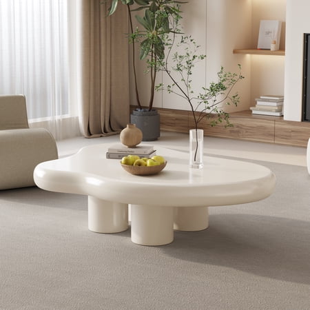 Guyii Cream White Coffee Table with 4 Legs, Irregular Side Table, Modern Wood Tea Table for Living Room, Apartment, Office