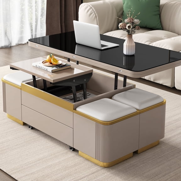 Guyii Lift Top Coffee Table, Modern Mobile Coffee Table with 4 Storage Stools, 3-in-1 Multifunctional Center Table for Living Room, Apartment, Gray