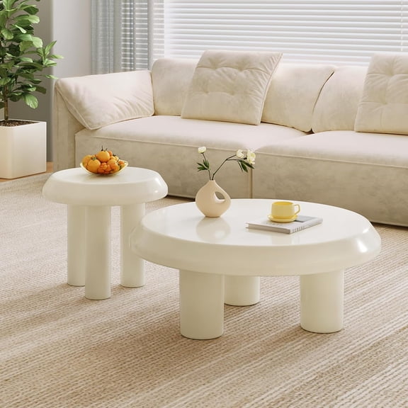Guyii Modern Nesting Coffee Table, Round Coffee Table Set, Cream White 2 in 1 Living Room Coffee Table, End Table for Bedroom, Office, Small Spaces, Easy to Assemble