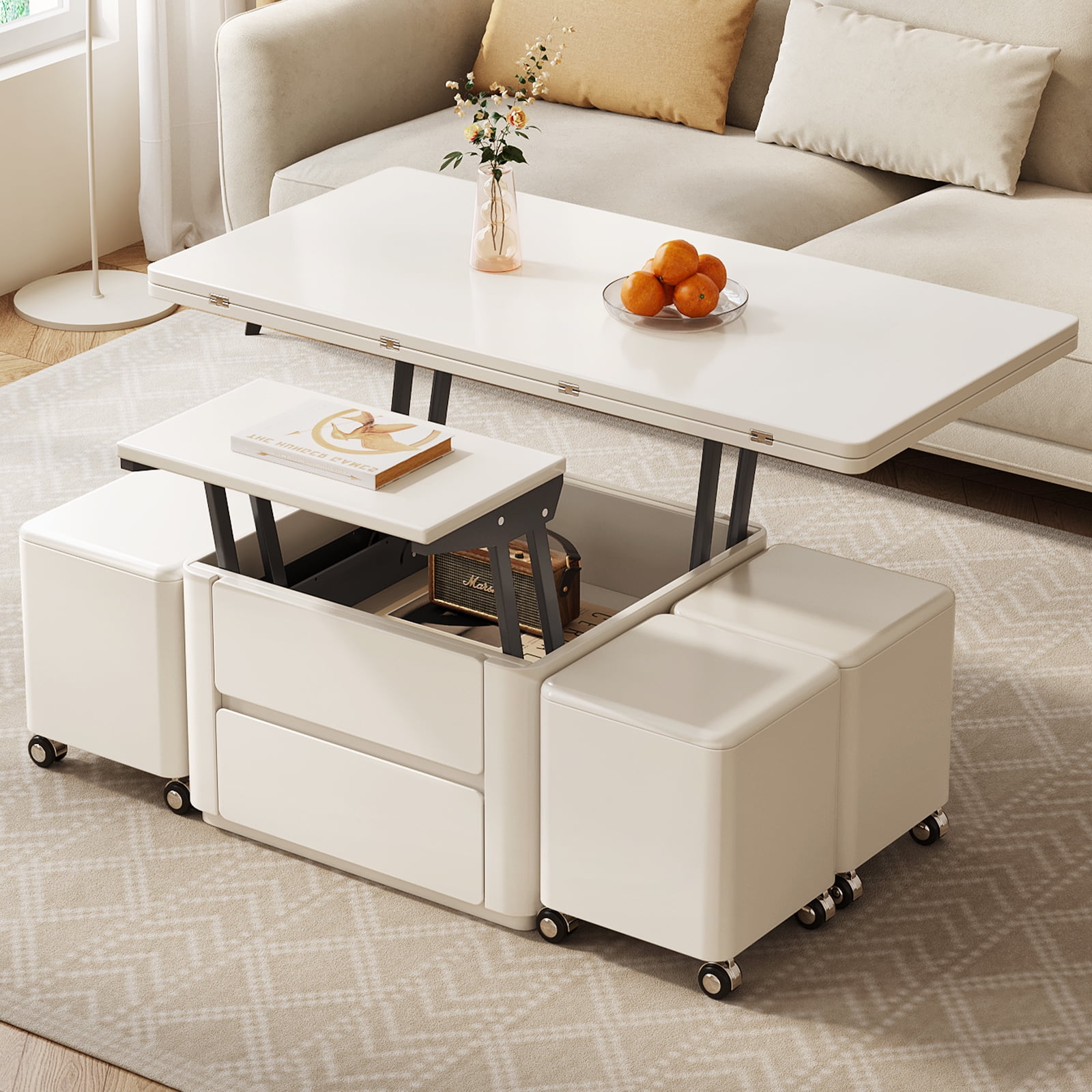 Guyii MultiFunctional Coffee Table with 4 Stools, Folding Lift Top