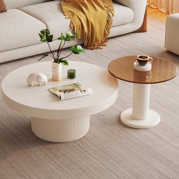Guyii Nesting Coffee Table Set, White Round Coffee Table with Small Glass Top Side Table for Living Room, Apartment, Office