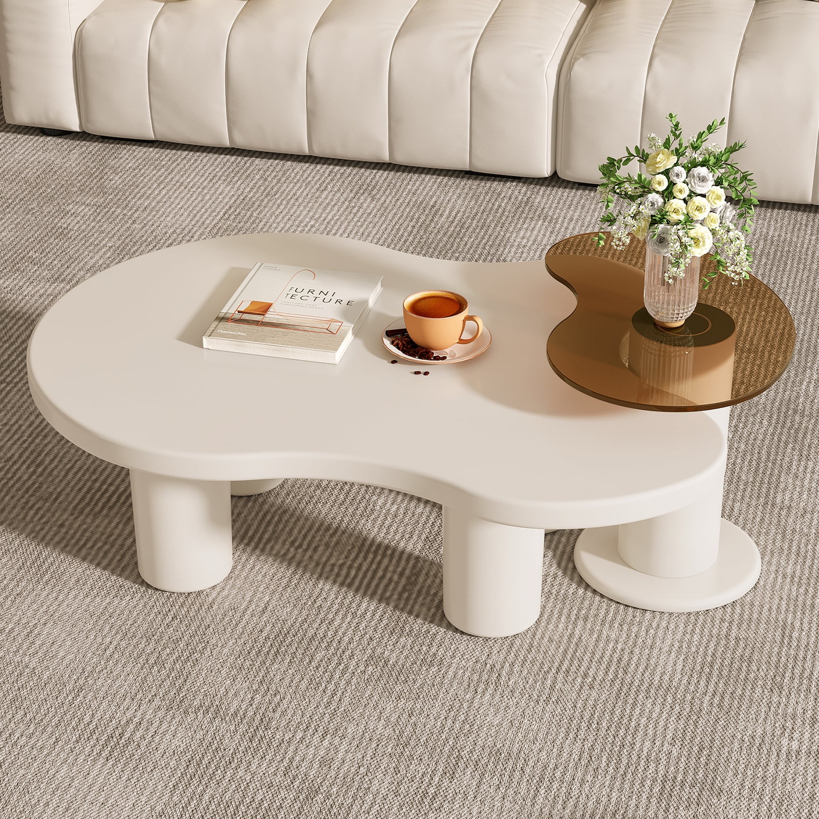 Guyii Nesting Coffee Table Set of 2, Cream White Irregular Coffee Table and Tempered Glass Top Side Table, Coffee Table for Living Room, Apartment