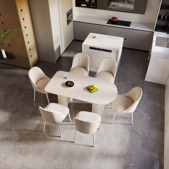 Guyii 7-Piece Dining Table Set, Modern Wood Kitchen Table with 6 Chairs, Oval Dining Table for Kitchen, Dining Room, White