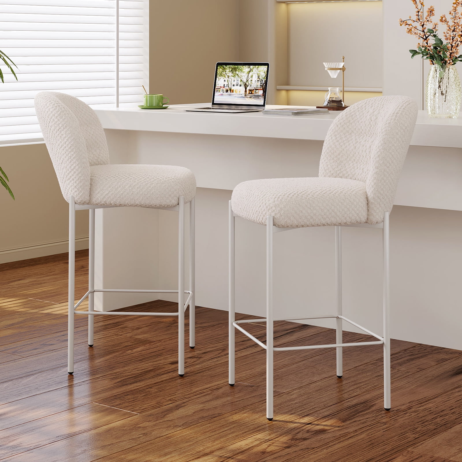 Guyii Set of 2 Bar Stools, 36" Beige Counter Height Bar Chairs with Metal Frame, Upholstered Bar Stools for Kitchen Island, Home Bar, Dining Room