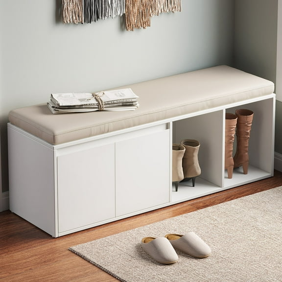 Guyii Shoe Storage Bench with PU Leather Cushion, 47.24" Shoe Cabinet with 2 Doors & 2 Storage Cabinets for Entryway, Hallway, Living Room, Cream White