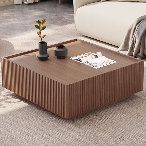 Guyii Square Coffee Table with Drawers, 31.5" Mid-Century Modern Coffee Table, Engineered Wood Center Tables for Living Room, Bedroom, Walnut