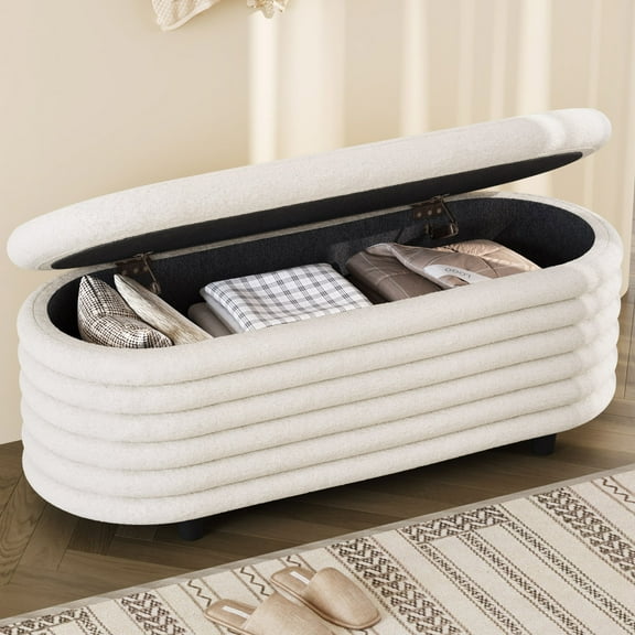Guyii Storage Ottoman Bench, 45.86" Cream White Upholstered Ottoman with Soft Cushion, Comfortable End of Bed Bench for Bedroom, Entryway, or Living Room