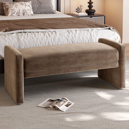 Guyii Velvet Upholstered Ottoman Bench with Arms, End of Bed Bench for Bedroom, Thick Cushion, Sturdy Wooden Frame Ottoman for Living Room, Foyer, Brown
