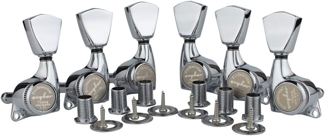 Guyker 6Pcs Guitar Locking Tuners (3L + 3R Handed) – 1:21 Lock String Sealed Tuning Key Pegs Machine Heads with Keystone Knob Replacement for LP, SG, TL Style Electric or Acoustic Guitars – Chrome