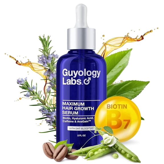 Guyology Labs Biotin Hair Growth Serum & Scalp Massager for Men, Women & All Types of Hair - DHT Blocker & Scalp Serum - Hyaluronic Acid, Citrus - Anti Thinning Hair - Anti Hair Loss