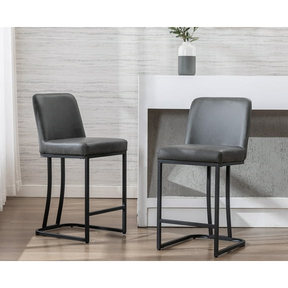 Guyou 24 "H Counter Height Stools Set of 2, Faux Leather Upholstered Kitchen Barstools with Back, Counter Stool Chairs with Black Metal Frame for Island Pub Dining Room, Charcoal