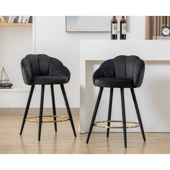 Guyou 25.5" Bar Stool Set of 2, Modern Velvet Upholstered Counter Height Barstools with Petal Back and Gold Metal Ring Footrest for Kitchen Island Home Bar Restaurant, Black