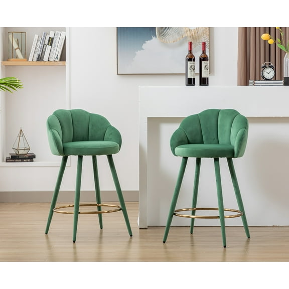 Guyou 25.5" Bar Stool Set of 2, Modern Velvet Upholstered Counter Height Barstools with Petal Back and Gold Metal Ring Footrest for Kitchen Island Home Bar Restaurant, Green