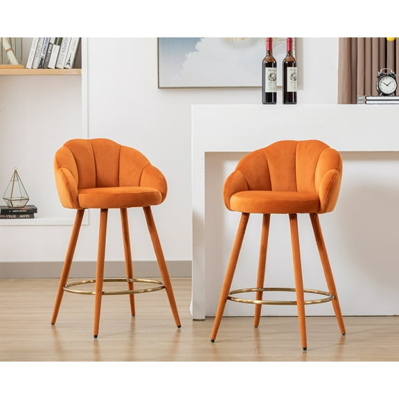 Guyou 25.5" Bar Stool Set of 2, Modern Velvet Upholstered Counter Height Barstools with Petal Back and Gold Metal Ring Footrest for Kitchen Island Home Bar Restaurant, Orange