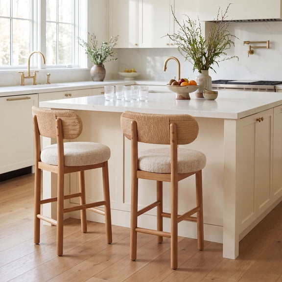 Guyou 25" Counter Height Bar Stools Set of 2, Modern Chenille Upholstered Round Counter Stools with Natural Woven Rope Back, Boho Barstools, Farmhouse Armless Bar Stools for Kitchen, Beige