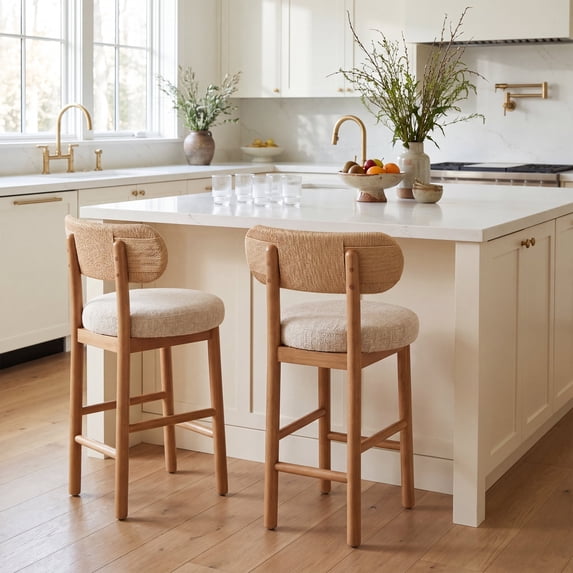 Guyou 25" Counter Height Bar Stools Set of 2, Modern Chenille Upholstered Round Counter Stools with Natural Woven Rope Back, Boho Barstools, Farmhouse Armless Bar Stools for Kitchen, Beige