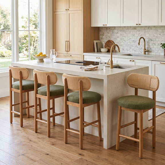 Guyou 25" Counter Height Bar Stools Set of 4, Modern Chenille Upholstered Round Counter Stools with Natural Woven Rope Back, Boho Barstools, Farmhouse Armless Bar Stools for Kitchen, Green