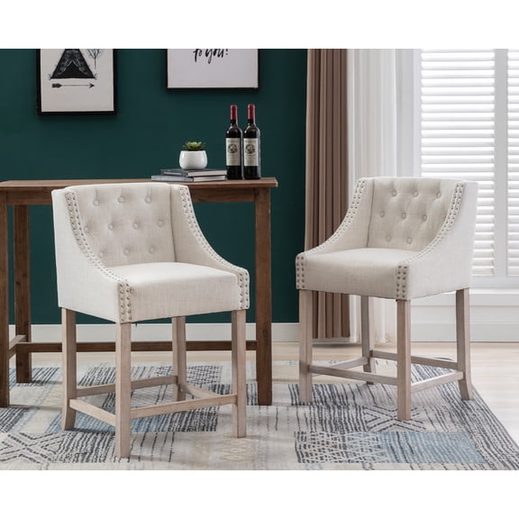 Guyou 25" Counter Height Bar Stools Set of 2, Mid Century Linen Tufted Farmhouse Bar Chairs with Back for Home Bar Club Kitchen Island, Beige