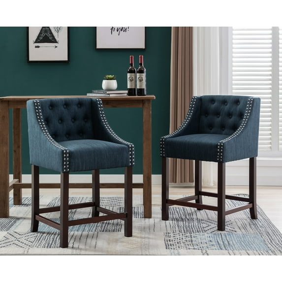 Guyou 25" Counter Height Bar Stools Set of 2, Mid Century Linen Tufted Farmhouse Bar Chairs with Back for Home Bar Club Kitchen Island, Blue