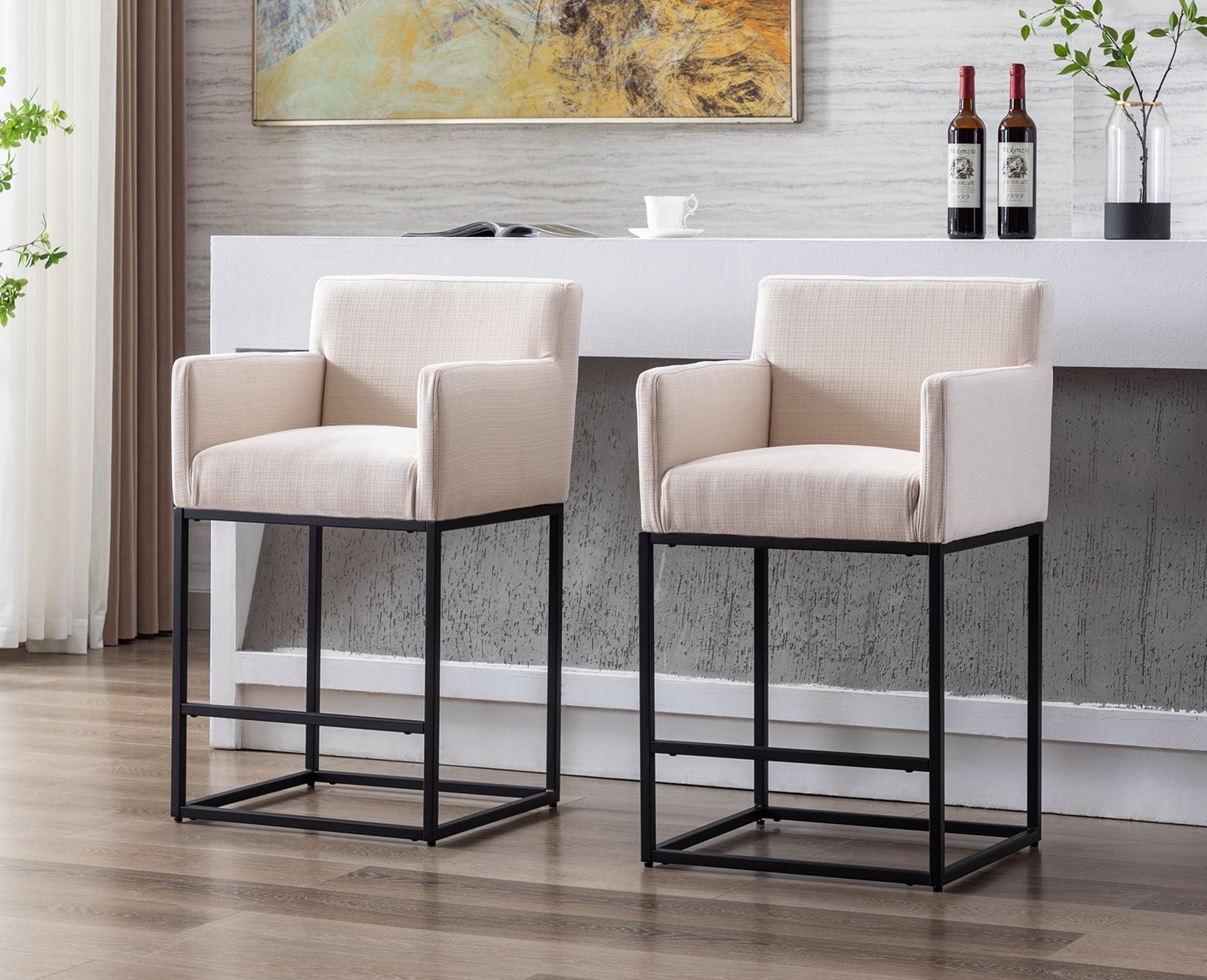 Guyou 26.75" Modern Bar Stools Set of 2, Linen Upholstered Counter Height Bar Stool with Back and Arms, Kitchen Island Stool with Black Metal Frame for Home Bar Restaurant, Cream