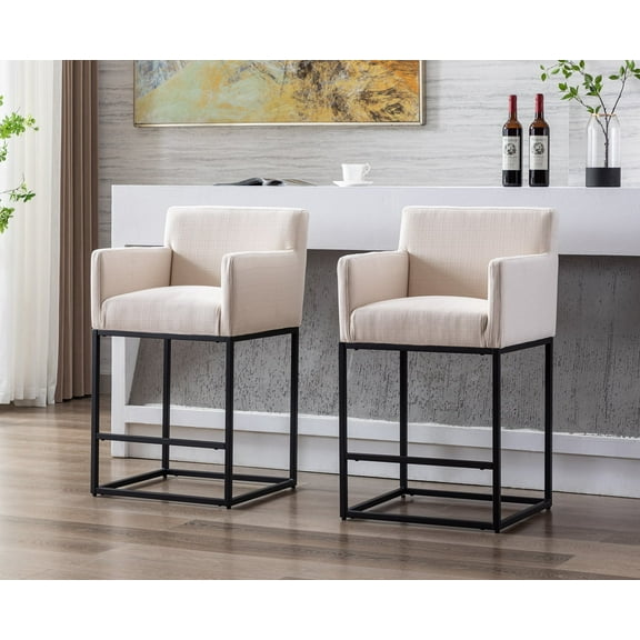 Guyou 26.75" Modern Bar Stools Set of 2, Linen Upholstered Counter Height Bar Stool with Back and Arms, Kitchen Island Stool with Black Metal Frame for Home Bar Restaurant, Cream
