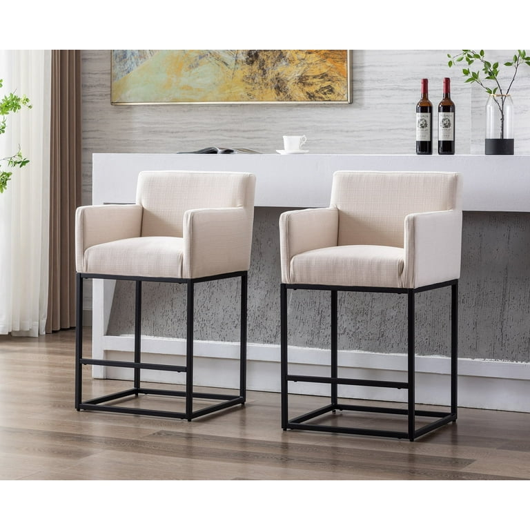 Guyou 26.75 Modern Bar Stools Set of 2 Linen Upholstered Counter Height Black Frame Cream Walmart