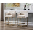 thumbnail image 1 of Guyou 26.75" Modern Bar Stools Set of 2, Linen Upholstered Counter Height Bar Stool with Back and Arms, Kitchen Island Stool with Gold Metal Frame for Home Bar Restaurant, Cream, 1 of 9