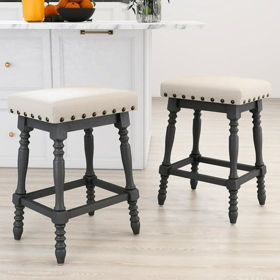 Guyou 26" Backless Bar Stools Set of 2, Farmhouse Wooden Counter Height Stools with Nailhead Trim & Turned Legs, Vintage Linen Upholstered Bar Chairs for Kitchen Island, Dark Grey