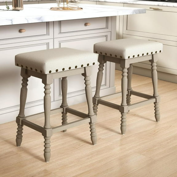 Guyou 26" Backless Bar Stools Set of 2, Farmhouse Wooden Counter Height Stools with Nailhead Trim & Turned Legs, Vintage Linen Upholstered Bar Chairs for Kitchen Island, Taupe