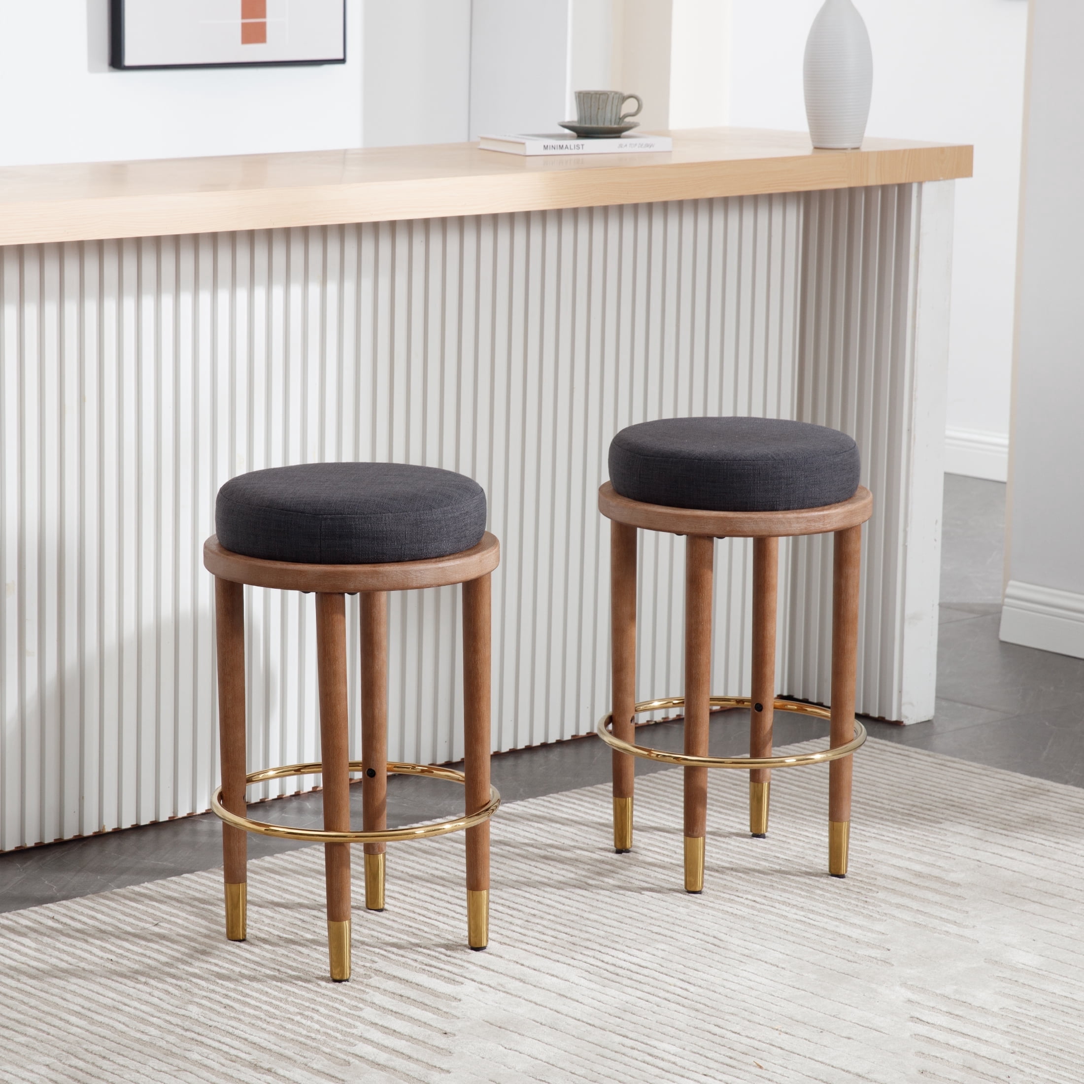 Guyou 26" Backless Counter Height Bar Stool Set of 2, Modern Round Linen Upholstered Stools, Farmhouse Wooden Kitchen Island Chairs for Restaurant Kitchen Bistro, Charcoal