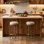 Guyou 26 Backless Counter Height Bar Stool Set of 2, Modern Round Linen Upholstered Stools, Farmhouse Wooden Kitchen Island Chairs for Restaurant Kitchen Bistro, Beige