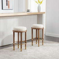 Guyou 26" Backless Counter Height Bar Stool Set of 2, Modern Round Linen Upholstered Stools, Farmhouse Wooden Kitchen Island Chairs for Restaurant Kitchen Bistro, Beige