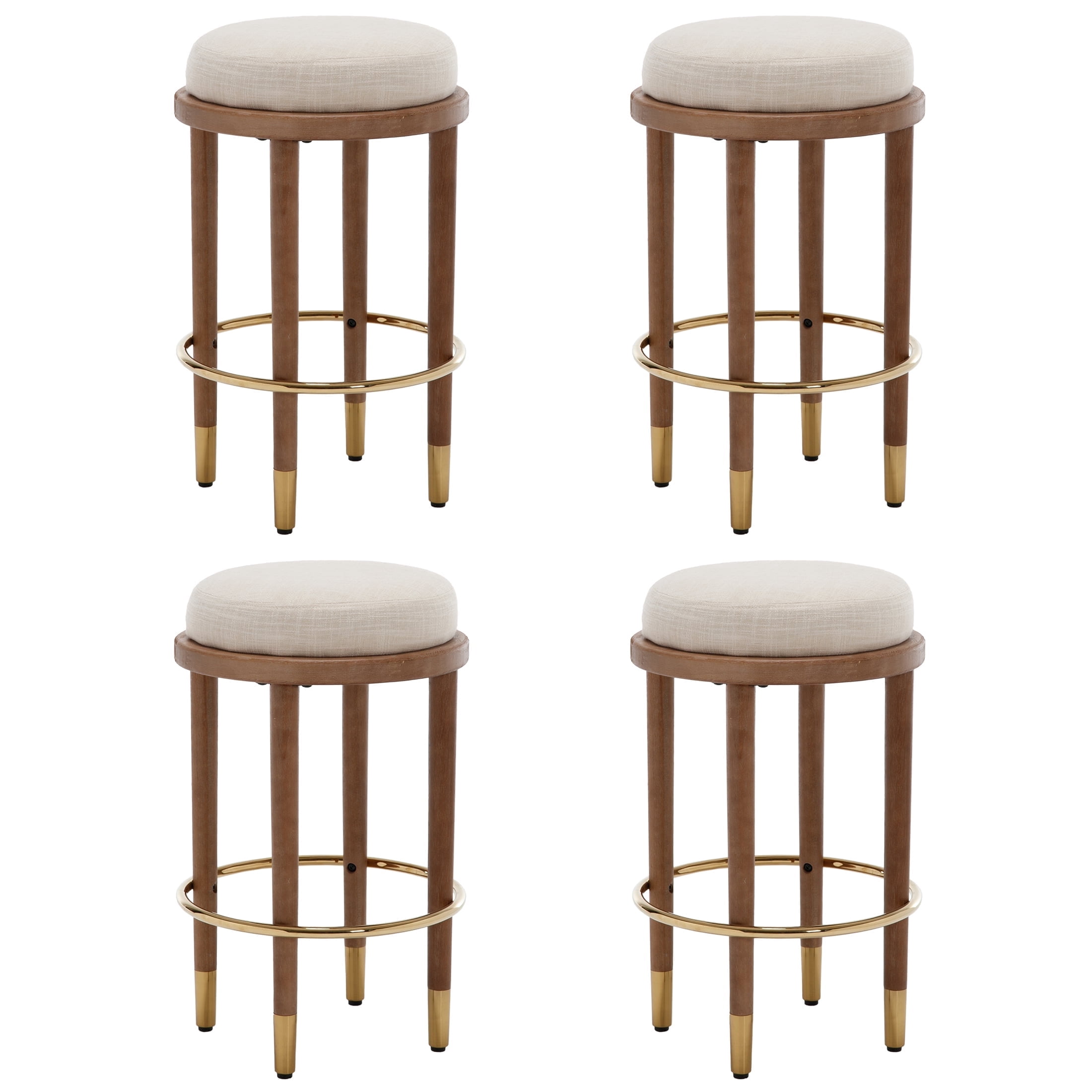 Guyou 26" Backless Counter Height Bar Stool Set of 4, Modern Round Linen Upholstered Stools, Farmhouse Wooden Kitchen Island Chairs for Restaurant Kitchen Bistro, Beige
