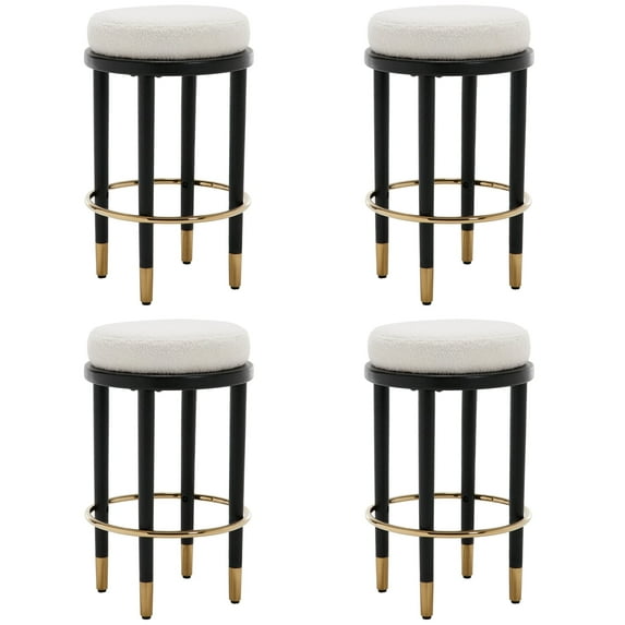 Guyou 26" Backless Counter Height Bar Stool Set of 4, Modern Round Sherpa Upholstered Stools, Farmhouse Wooden Kitchen Island Chairs for Restaurant Kitchen Bistro, White
