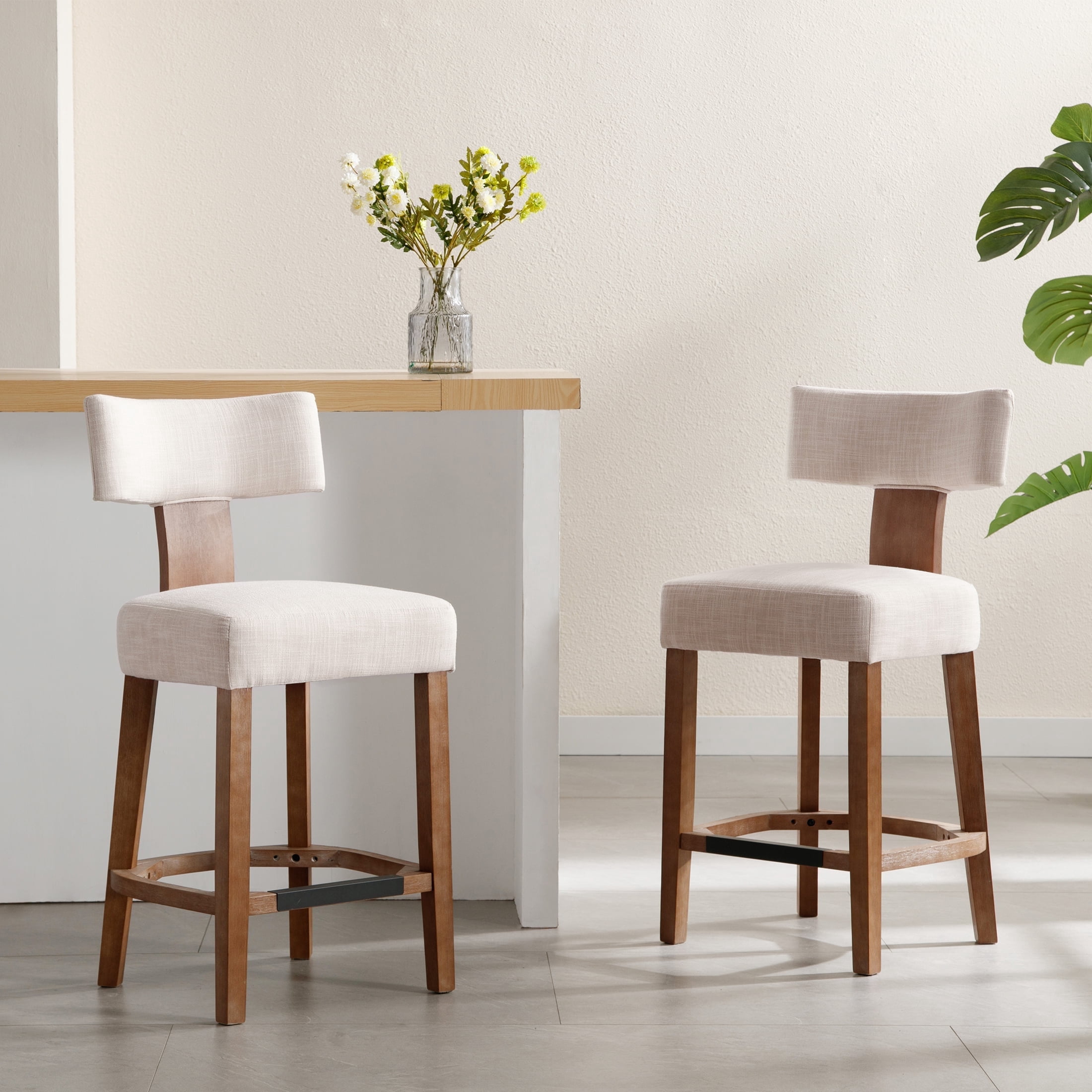 Guyou 26" Bar Stool Set of 2, Modern Linen Upholstered Counter Height Barstools with Hardwood Frame, Wooden Farmhouse Kitchen Island Chairs for Bar Restaurant, Beige