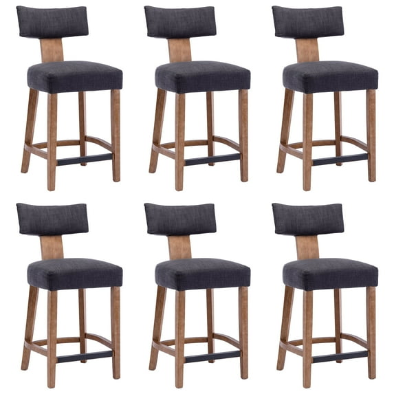 Guyou 26" Bar Stool Set of 6, Modern Linen Upholstered Counter Height Barstools with Hardwood Frame, Wooden Farmhouse Kitchen Island Chairs for Bar Restaurant, Charcoal
