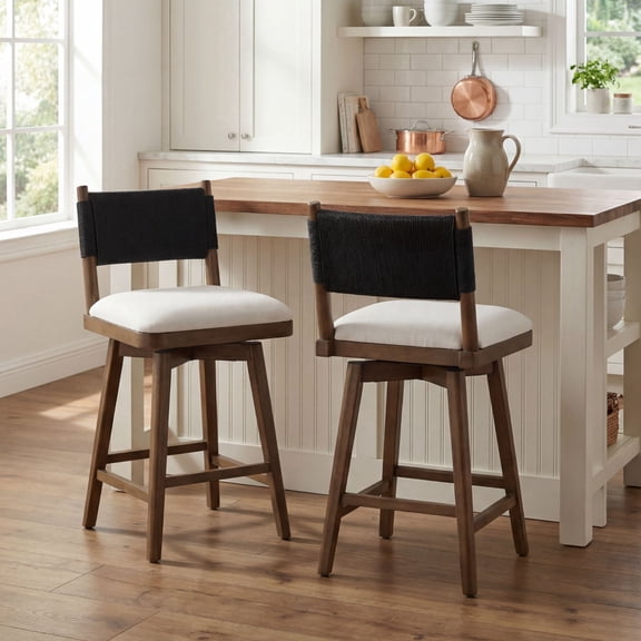 Guyou 26" Bar Stools Set of 2 - Swivel Counter Height Farmhouse Stools with Woven Back & Line Fabric Upholstery, Solid Wood Frame Kitchen Island Stools for Pub or Home, Black Back