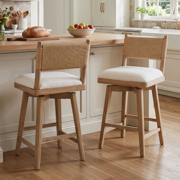 Guyou 26" Bar Stools Set of 2 - Swivel Counter Height Farmhouse Stools with Woven Back & Line Fabric Upholstery, Solid Wood Frame Kitchen Island Stools for Pub Home, Natural Back
