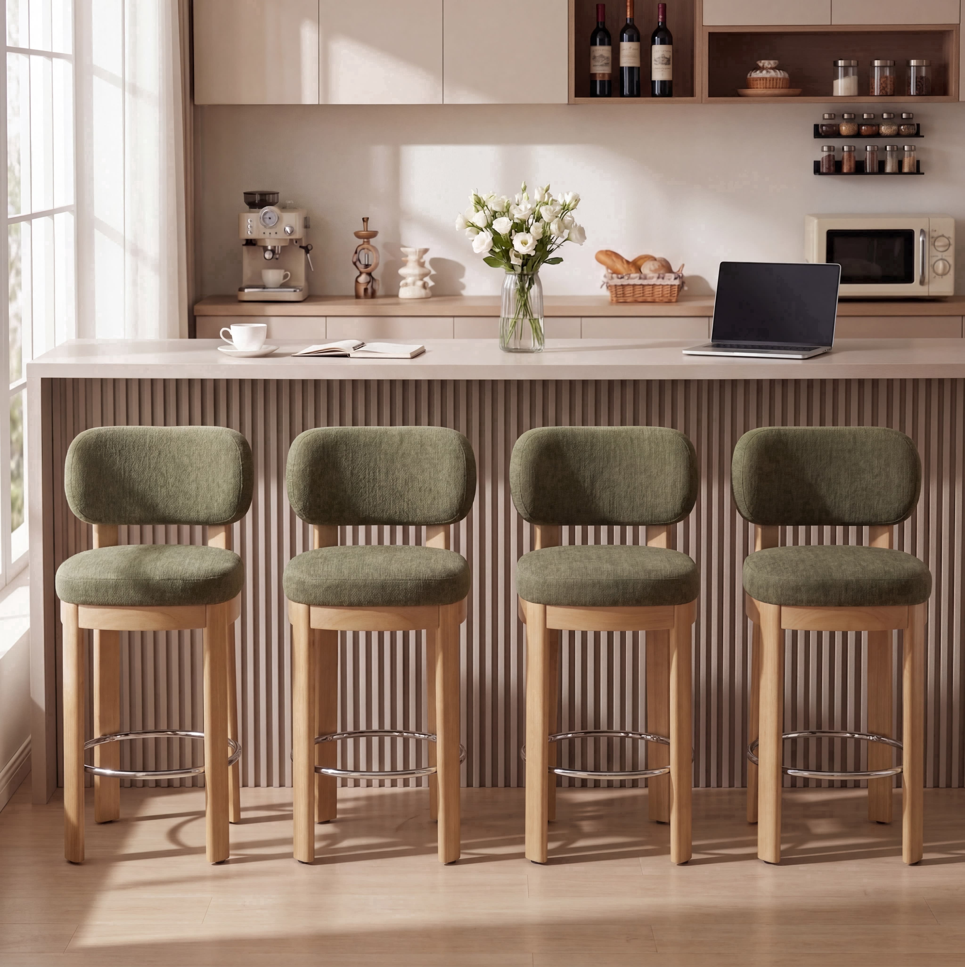 Guyou 26" Bar Stools Set of 4, Modern Chenille Upholstered Counter Height Bar Stools, Farmhouse Armless Bar Chairs with Solid Wood Legs & Padded Back for Kitchen Island/Dining Room Bar, Green